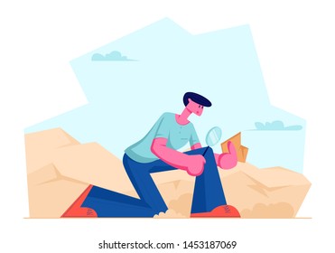 Archeologist Found Ancient Item Watching through Magnifying Glass on Crock Piece, Scientist Working on Excavations Exploring Artifacts. Student Study Prehistory Ages. Cartoon Flat Vector Illustration