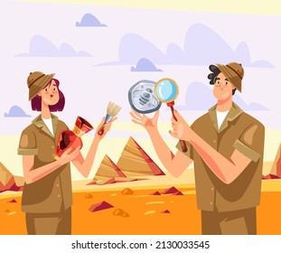 Archeologist people characters man woman discover artifact concept. Vector flat cartoon graphic design illustration