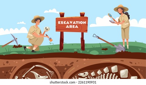 Archeologist people excavation fossil bone concept. Vector graphic design illustration