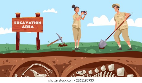 Archeologist people excavation fossil bone concept. Vector graphic design illustration