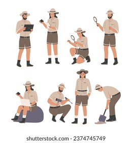 Archeologist people man and woman characters collection set. Archeologist activities concept. Flat style vector concept