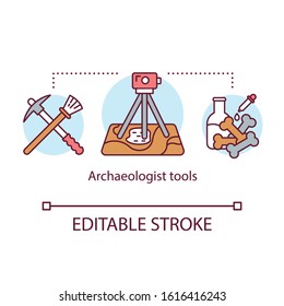 Archeologist tools concept icon. Archaeological expedition. Excavation and laboratory analysis. Treasure hunter equipment idea thin line illustration. Vector isolated outline drawing. Editable stroke