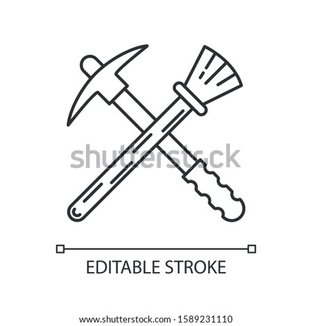 Archeologist tools linear icon. Restoration. Renovation equipment. Reconstruction of artifact. Paleontology. Thin line illustration. Contour symbol. Vector isolated outline drawing. Editable stroke