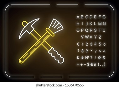 Archeologist tools neon light icon. Restoration. Renovation equipment. Reconstruction of ancient artifact. Paleontology. Glowing sign with alphabet, numbers and symbols. Vector isolated illustration