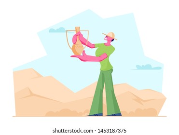 Archeologist Woman Found Ancient Jug in Desert, Scientist Character Working on Excavations and Exploring Archeological Artifacts. Girl Student Study Prehistory Ages. Cartoon Flat Vector Illustration