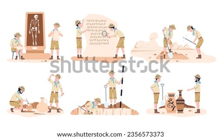 Archeologist working, geology and archeology. Historical archeological discovery, man and woman with tools. Cartoon ancient recent vector set Foto d'archivio © 