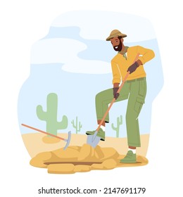 Archeologist Working on Excavations Digging Soil Layers with Shovel and Exploring Artifacts. Scientist with Professional Equipment Studying Ancient History. Cartoon People Vector Illustration