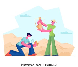 Archeologists Found Ancient Items Crock Jug, Scientists Working on Excavations or Digging Soil Layers and Exploring Artifacts. Students Studying Prehistory Ages. Cartoon Flat Vector Illustration
