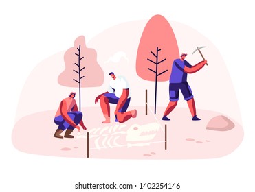 Archeologists, Paleontology Scientists Working on Excavations or Digging Soil Layers Exploring Ancient Artifacts. People Studying Dinosaurs Fossil Skeleton Bones. Cartoon Flat Vector Illustration