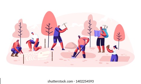 Archeologists, Paleontology Scientists Working on Excavations or Digging Soil Layers with Shovel and Exploring Artifacts. Studying Dinosaurs Fossil Skeleton Bones. Cartoon Flat Vector Illustration