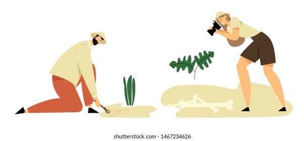 Archeologists, Paleontology Scientists Working on Excavations, Digging, Exploring and Photographing Ancient Artifacts. People Studying Dinosaurs Fossil Skeleton Bones. Cartoon Flat Vector Illustration
