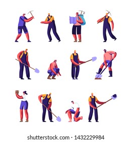 Archeologists and Road Repair Workers Set, Paleontology Scientists with Shovels and Pickaxe Working on Excavations or Digging Soil Layers Exploring Artifacts, Studying Cartoon Flat Vector Illustration