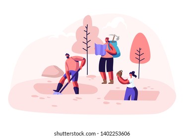 Archeologists, Scientists Working on Excavations with Professional Equipment, Digging Soil Layers with Shovel and Exploring Artifacts. People Studying Ancient History. Cartoon Flat Vector Illustration