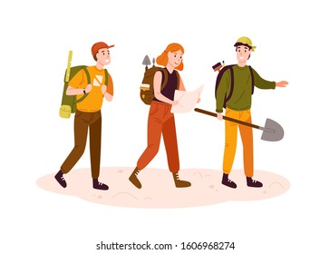 Archeologists team, researchers group flat vector illustration. Excited men and woman with archeological equipment reading map cartoon characters. Treasure hunters searching for artifacts.