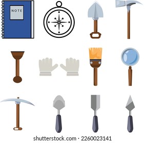 Archeology ancient artifacts composition with isolated icons of shovels brushes with backpack and pieces of findings vector illustration