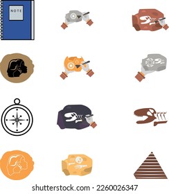 Archeology ancient artifacts composition with isolated icons of shovels brushes with backpack and pieces of findings vector illustration