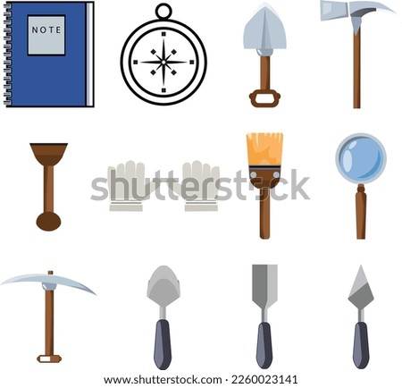 Archeology ancient artifacts composition with isolated icons of shovels brushes with backpack and pieces of findings vector illustration