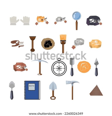 Archeology ancient artifacts composition with isolated icons of shovels brushes with backpack and pieces of findings vector illustration