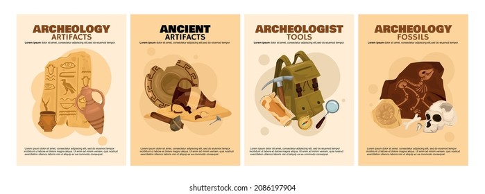 Archeology ancient artifacts set of four vertical posters with editable text and compositions of archeological icons vector illustration