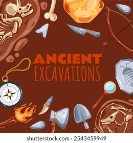 Archeology ancient excavation banner poster with text concept. Vector flat cartoon graphic design illustration