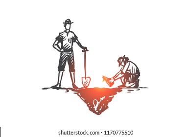 Archeology, ancient, luck, artifacts, fossil concept. Hand drawn archaeologists work in an expedition concept sketch. Isolated vector illustration.