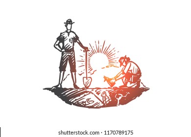 Archeology, ancient, luck, artifacts, fossil concept. Hand drawn archaeologists have found the skeleton of ancient animals concept sketch. Isolated vector illustration.