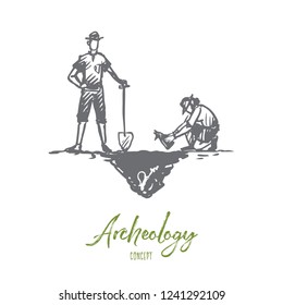 Archeology, ancient, luck, artifacts, fossil concept. Hand drawn archaeologists work in an expedition concept sketch. Isolated vector illustration.