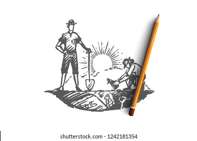 Archeology, ancient, luck, artifacts, fossil concept. Hand drawn archaeologists have found the skeleton of ancient animals concept sketch. Isolated vector illustration.