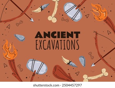 Archeology ancient prehistoric era cards set. Vector graphic design illustration element 