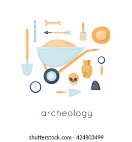 Archeology, archaeological excavations, ancient artifacts excavation, study, science. Instruments archaeologist. Flat design vector illustration. 