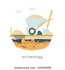 Archeology, archaeological excavations, ancient artifacts excavation, study, science. Instruments archaeologist. Flat design vector illustration.