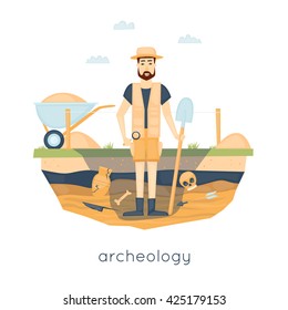 Archeology. Archaeologist leading the excavations, discovering a jug, treasure hunters ancient artifacts. Flat style vector illustration.