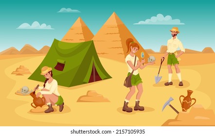 Archeology background. Education dig with history and paleontology characters. Archaeologists searching artifacts. Explorers finding bones. Excavations in Egypt. Vector illustration