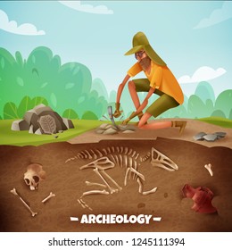 Archeology Background With Text And Archeologist Character During Archeological Excavations With Dinosaur Bones And Outdoor Landscape Vector Illustration