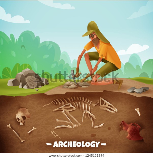 考古学の背景に 恐竜の骨と屋外の風景ベクターイラストを使った考古学的な発掘調査の際の文字と考古学者の特徴 のベクター画像素材 ロイヤリティフリー