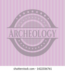Archeology badge with pink background. Vector Illustration. Detailed.