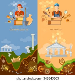 Archeology banners cultural objects treasure hunters archaeological excavations ancient artefacts tools for excavations   