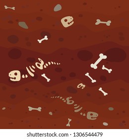 Archeology bones in soil layers. Buried dinosaur skeleton bone in dirt and underground clay layer, geological vector cartoon illustration pattern.