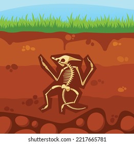 Archeology Bones In Soil Layers. Buried Animal Fossil, Dinosaur Skeleton Bones in Dirt Underground Clay Layer, Death Lizard In Dirty Earth, Paleontological Concept. Cartoon Vector Illustration