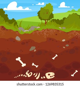Archeology bones in soil layers. Landscape with trees and fields Buried  dinosaur skeleton bone in dirt and underground clay layer, geological vector cartoon illustration. 