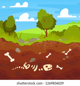 Archeology bones in soil layers. Landscape with trees and fields. Buried  dinosaur skeleton bone in dirt and underground clay layer, geological vector cartoon illustration. 