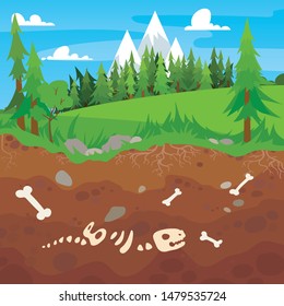 Archeology bones in soil layers. Landscape with trees and fields. Buried dinosaur skeleton bone in dirt and underground clay layer, geological vector cartoon illustration