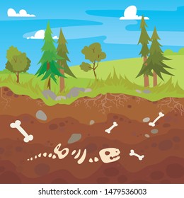 Archeology bones in soil layers. Landscape with trees and fields. Buried dinosaur skeleton bone in dirt and underground clay layer, geological vector cartoon illustration