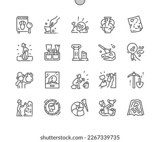 Archeology. Broken amphora, column, dinosaur skull. Museum. Pixel Perfect Vector Thin Line Icons. Simple Minimal Pictogram