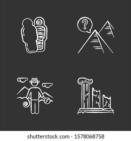 Archeology chalk icons set. Mummy in sarcophagus. Pyramids. Egyptian culture mysteries. Researcher in field. Column ruins. Broken pillars. History, culture. Isolated vector chalkboard illustrations