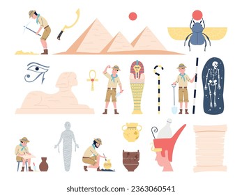 Archeology characters and historical discovery. Archaeologist treasure, tools and remains. Ancient greek and egypt, historic artifacts recent vector set