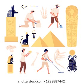 Archeology characters. Paleontologist discoveries skull, archeologists with instruments. Flat egyptian artefacts and fossil utter vector set