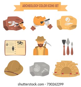 Archeology color flat icons set for web and mobile design