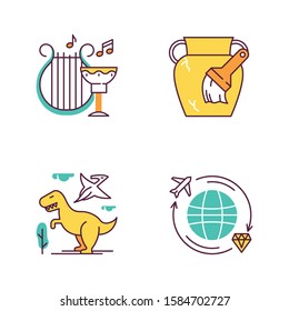 Archeology color icons set. Ancient culture. Lyre and goblet. Amphora restoration. Dinosaurs. Prehistoric animals. Worldwide treasure hunt. Historical artifacts. Isolated vector illustrations