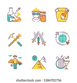 Archeology Color Icons Set. Lab Research. Marauding. Artifact Restoration Equipment. Sword Fight. Treasure Hunt. Researcher. Pyramid Mystery. Ancient Culture. Isolated Vector Illustrations